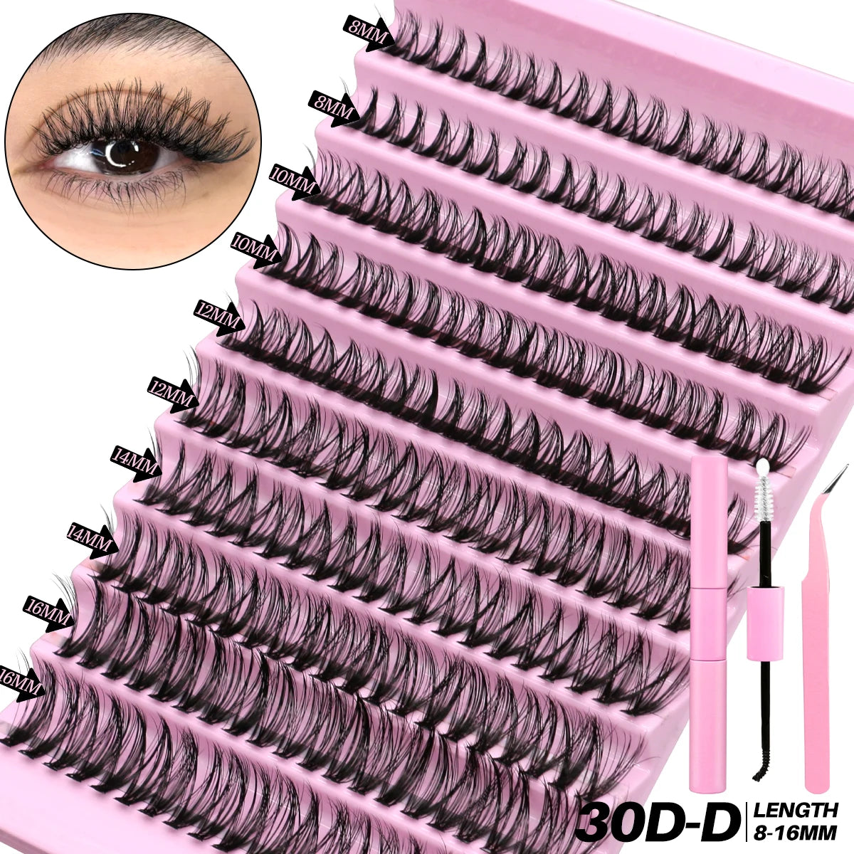 GROINNEYA DIY Lash Extension Kit Volume Lash Clusters Mix Curl Individual Lashes Kit with Lash Bond and Seal Lash Tweezers