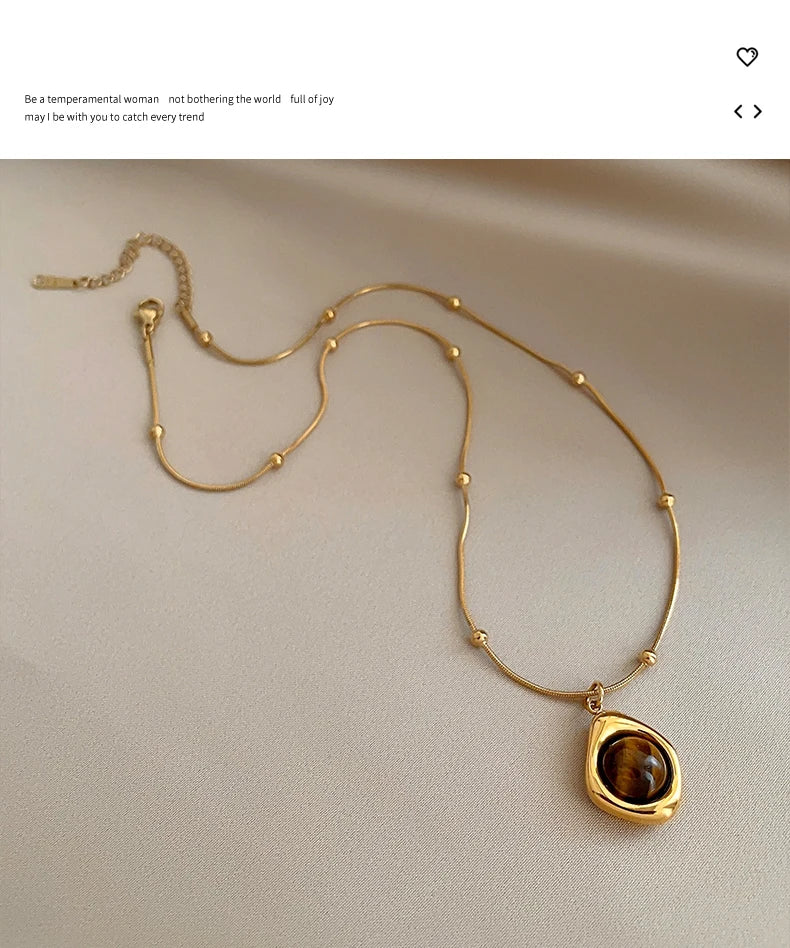 Retro Temperament Layered Tiger Eye Stone Pendant Necklace For Women Stainless steel Double-Layer Collarbone Chain Sets Jewelry