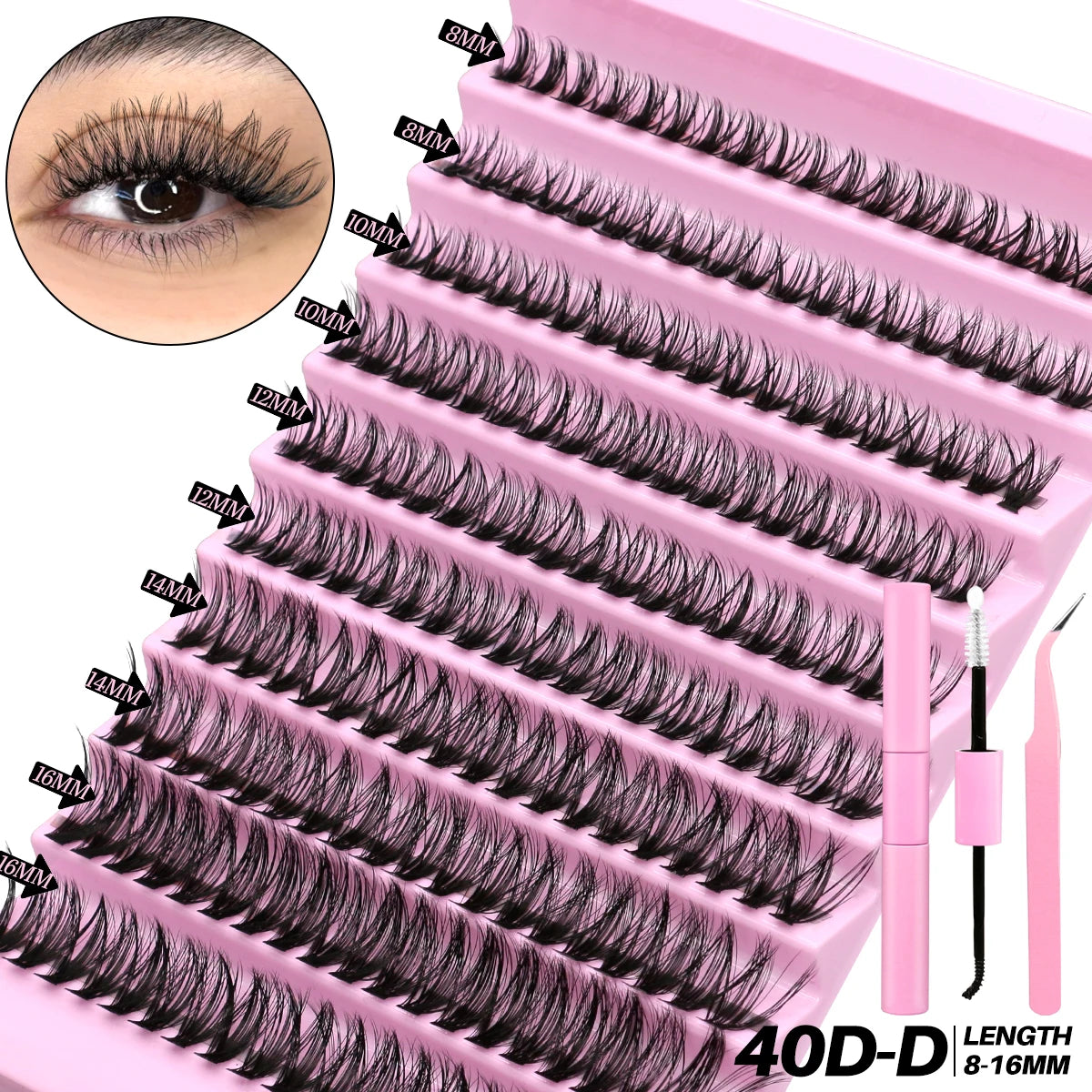 GROINNEYA DIY Lash Extension Kit Volume Lash Clusters Mix Curl Individual Lashes Kit with Lash Bond and Seal Lash Tweezers
