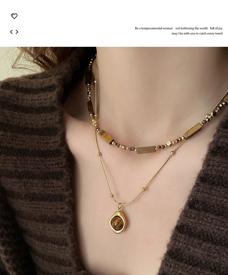 Retro Temperament Layered Tiger Eye Stone Pendant Necklace For Women Stainless steel Double-Layer Collarbone Chain Sets Jewelry