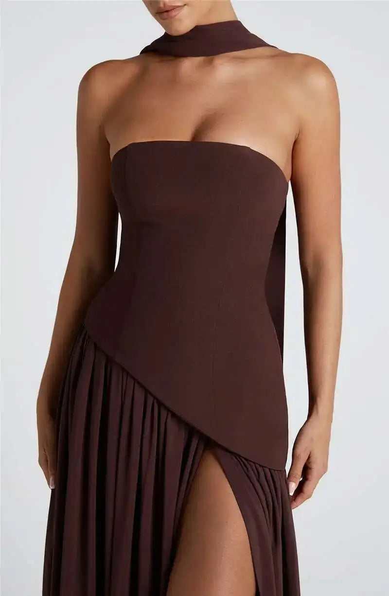 Mozision Strapless Off-shoulder Sexy Maxi Dress For Women Gown Patchwork Scarf Collar Thigh High Split Club Party Long Dress