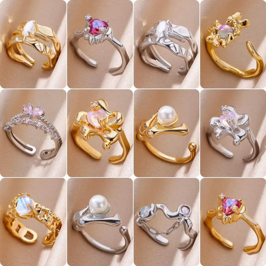 Zircon Irregular Double Layer Y2k Rings For Women Stainless Steel Gold Color Couple Ring Luxury Waterproof Wedding Jewelry BFF