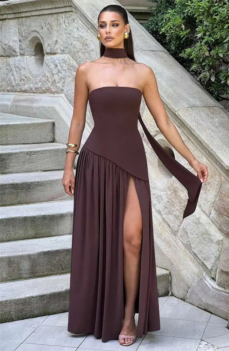 Mozision Strapless Off-shoulder Sexy Maxi Dress For Women Gown Patchwork Scarf Collar Thigh High Split Club Party Long Dress