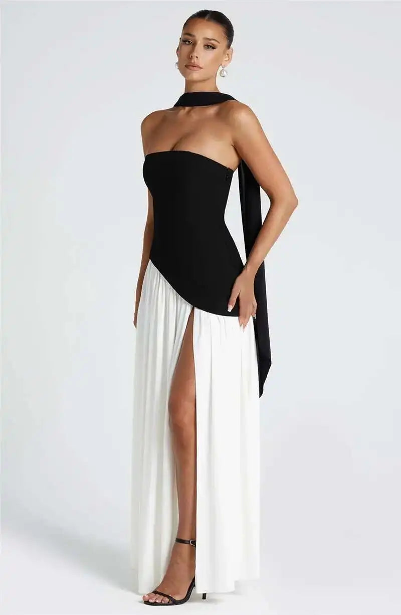 Mozision Strapless Off-shoulder Sexy Maxi Dress For Women Gown Patchwork Scarf Collar Thigh High Split Club Party Long Dress