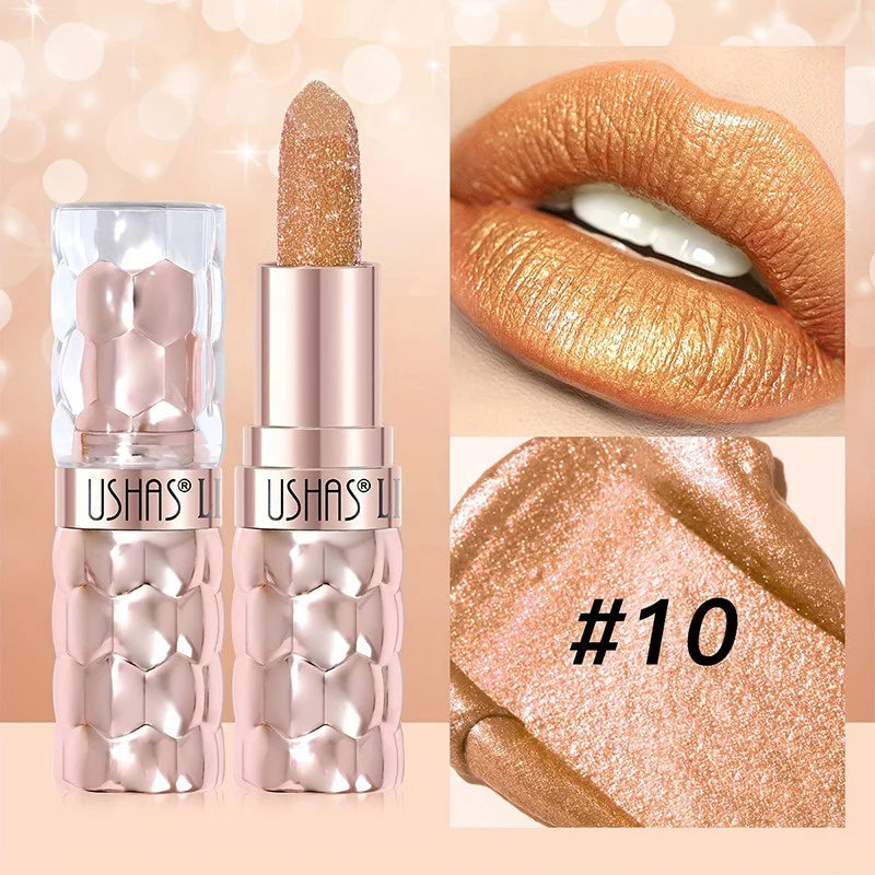 12 Colors Diamond Pearlescent Lipstick Glitter Shiny Metallic Lipstick Long Lasting Lip Tint Non-stick Cup Red Sexy Lips Makeup