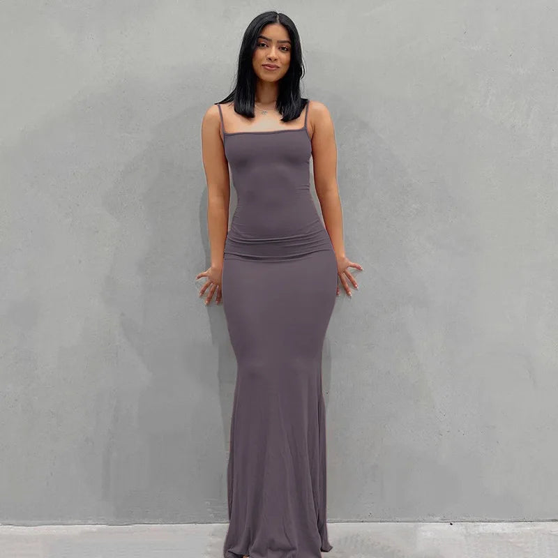 2025 Summer Dresses For Women Sexy Spaghetti Strap Black Long Dress Y2k Sleeveless Solid Skinny Bodycon Trumpet Maxi Vestidos