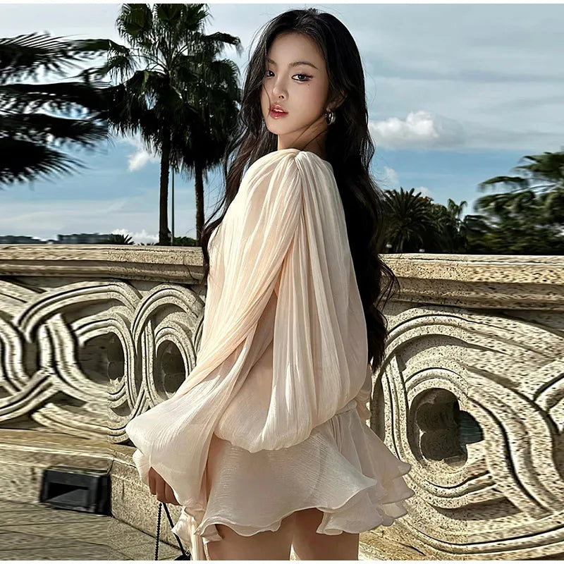 TWOTWINSTYLE Solid Spliced Lace Up Loose Dresses For Women O Neck Long Sleeve High Waist Temperament Dress Female Fashion New