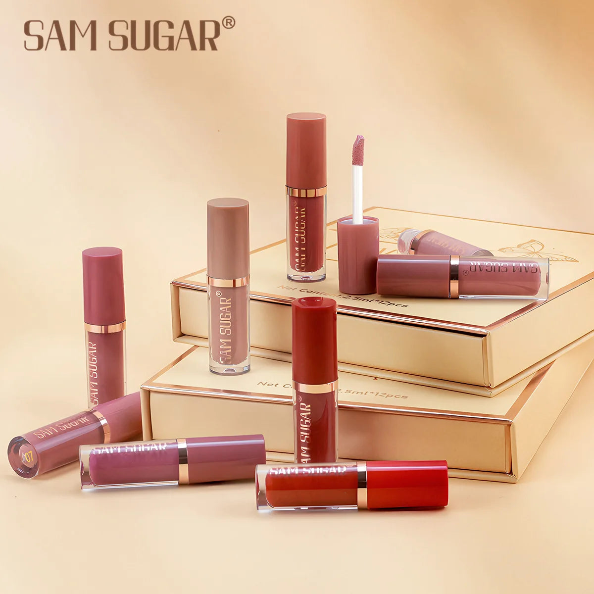 SAM SUGAR 12pcs/set muticolor Book Lip Gloss Set Matte Velvet Non-stick Cup longlasting waterproof easy color Lip gloss lipstick