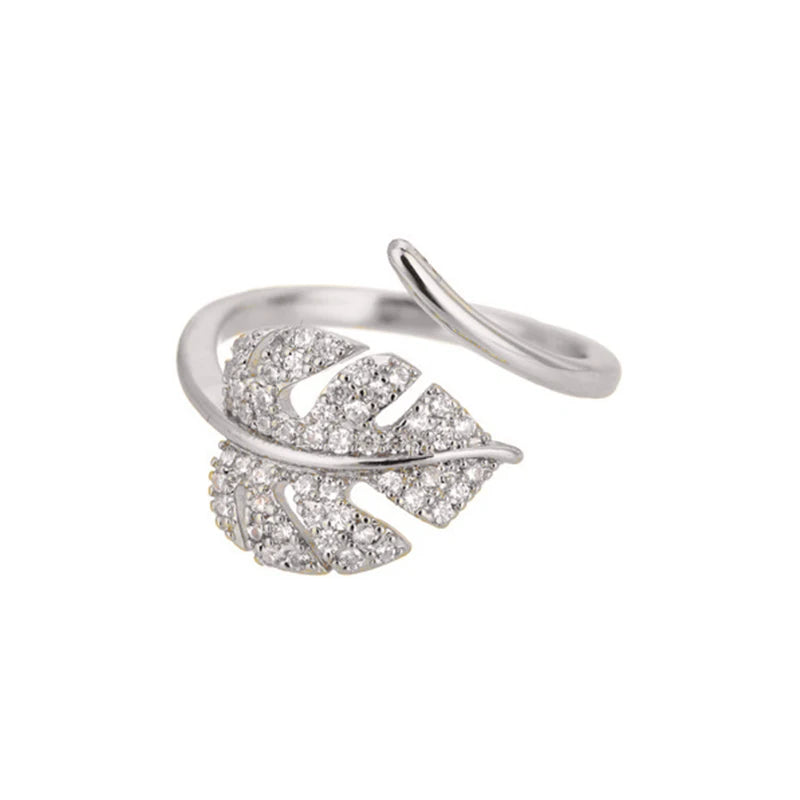 Fashion Palm Leaf Shape Rings For Women Stainless Steel Color Zircon Adjustable Finger Ring Party Jewelry Gift Bijoux Femme