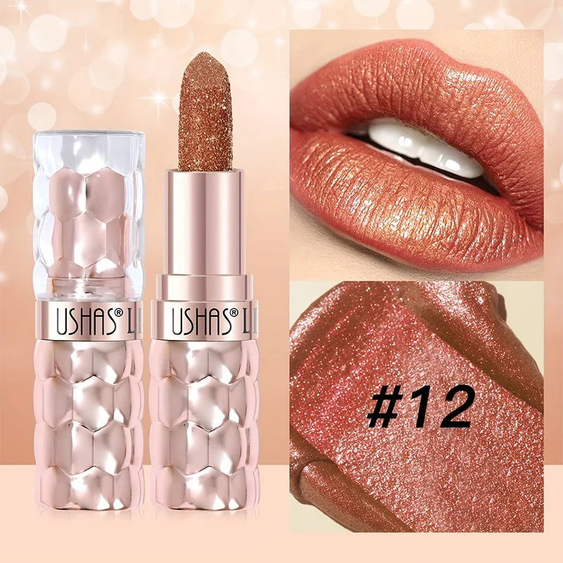 12 Colors Diamond Pearlescent Lipstick Glitter Shiny Metallic Lipstick Long Lasting Lip Tint Non-stick Cup Red Sexy Lips Makeup