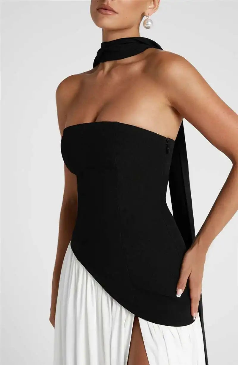 Mozision Strapless Off-shoulder Sexy Maxi Dress For Women Gown Patchwork Scarf Collar Thigh High Split Club Party Long Dress
